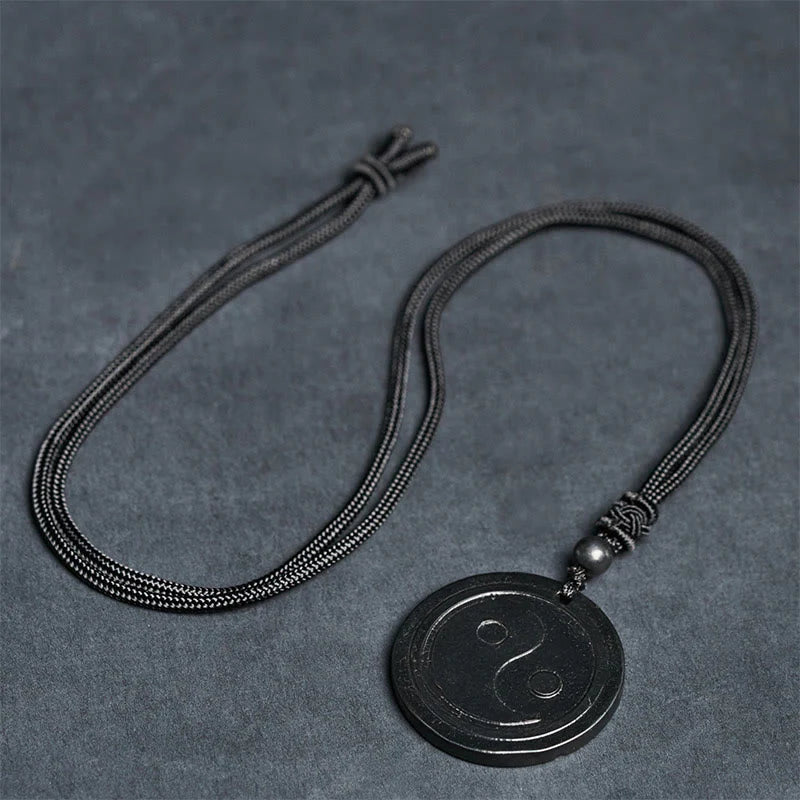 Buddha Stones Natural Authentic Shungite Stone Carved Yin Yang Protection Necklace Pendant