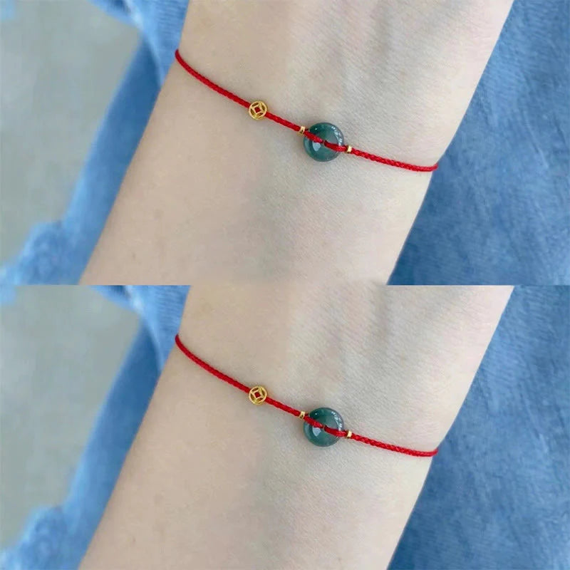 Buddha Stones Peace Buckle Copper Coins Jade Red String Connection Bracelet Anklet