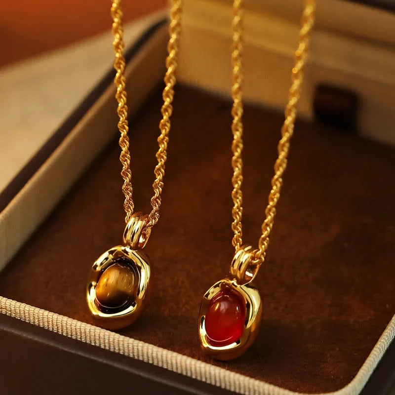 Buddha Stones Tiger Eye Red Agate Copper Plated Gold Chain Properity Necklace Pendant