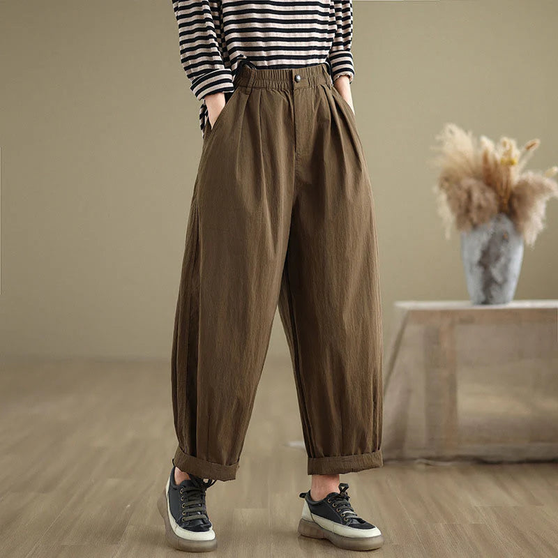 Buddha Stones Casual Solid Color One Top Button Elastic Waistband Women's Pants With Pockets