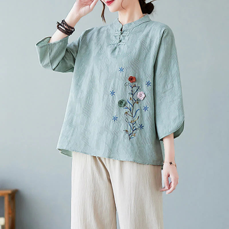 Buddha Stones Vintage Summer Stereoscopic Flower Embroidery Three Quarter Sleeve Frog-Button Cotton Linen Women's Shirt