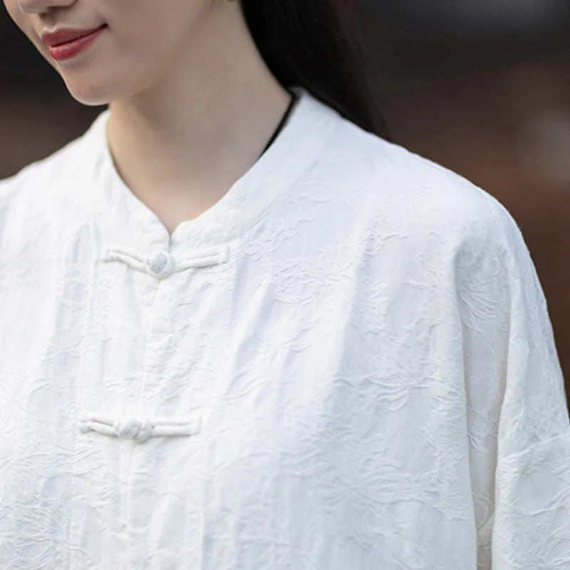 Buddha Stones Fall Jacquard Women's Frog-Button Long Sleeve Shirt Pants Cotton Linen Clothing