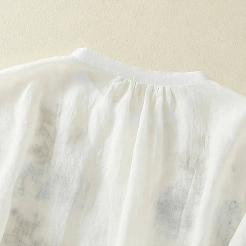 Buddha Stones Embroidery Pleated Design Stand Collar Three Quarter Sleeve Side Slit Hem Women's Cotton Shirt