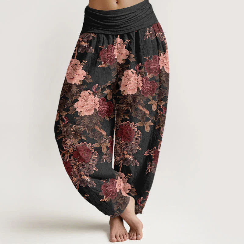 Buddha Stones Cotton Casual Lush Peony Flowers Leaf Pattern Women's Elastic Waist Harem Pants