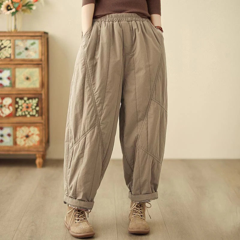Buddha Stones Winter Plain High Waist Cotton Women's Harem Thermal Elastic Waist Pants With Pockets