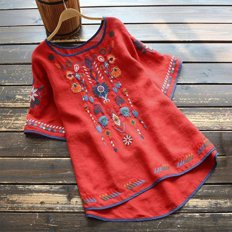 Buddha Stones Retro Artistic Embroidery Floral Pattern Crew Neck Women's Cotton Linen Short Sleeve T-Shirt