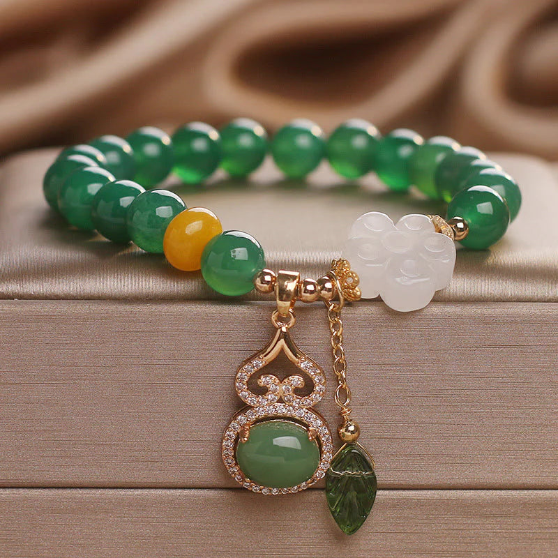 Buddha Stones Green Agate White Jade Flower Gourd Leaf Charm Support Bracelet