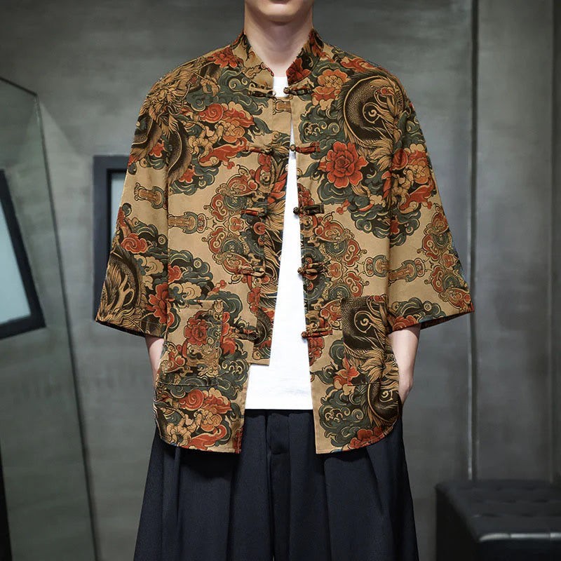 Buddha Stones Spring Frog-Button Dragon Mountain Flower Three Quarter Sleeve Tang Suit Men's Shirt With Pockets