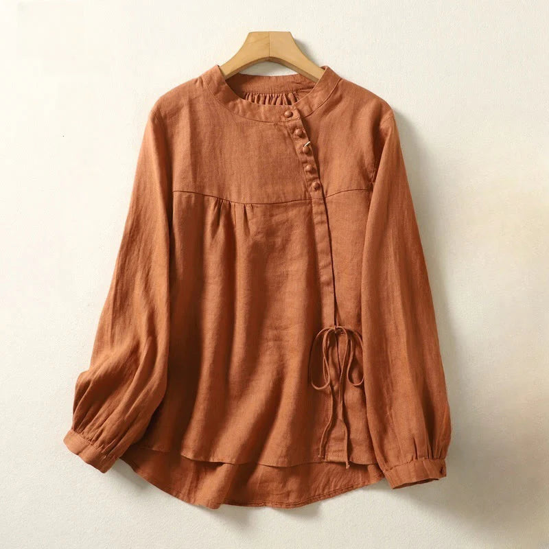Buddha Stones Fall Casual Solid Color Stand Collar Long Sleeve Cotton Linen Women's Shirt