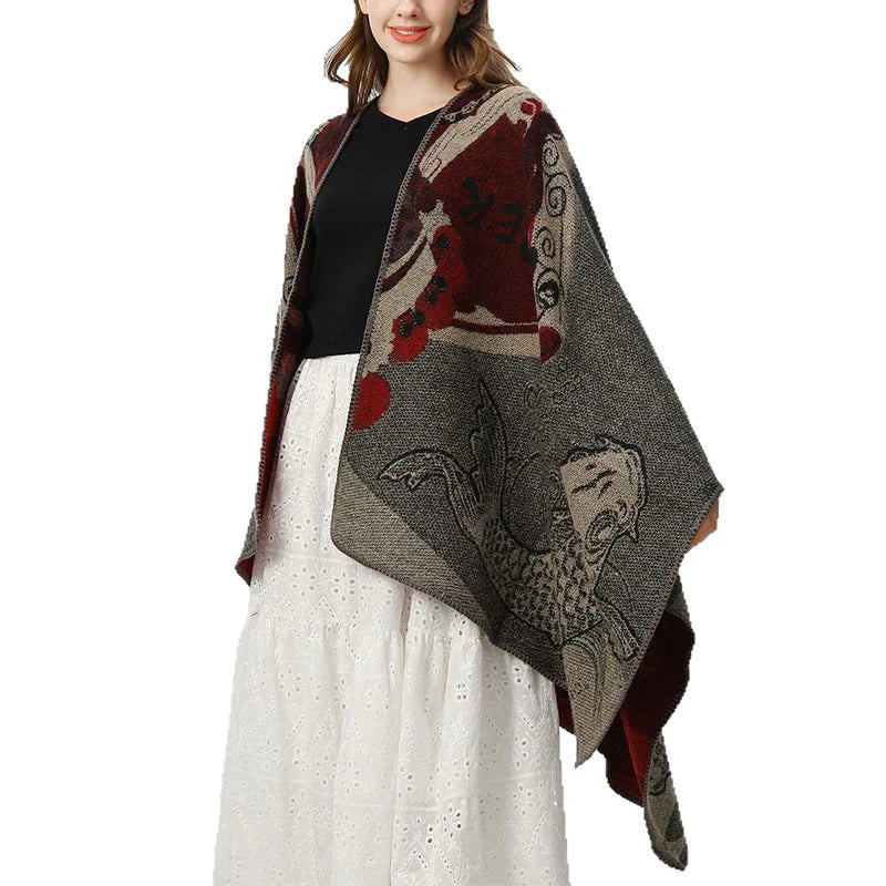 Buddha Stones Winter Koi Fish Waves Pattern Warm Cozy Scarf Shawl