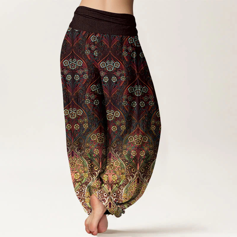 Buddha Stones Pure Cotton Retro Flower Pattern Women's Elastic Waist Harem Pants