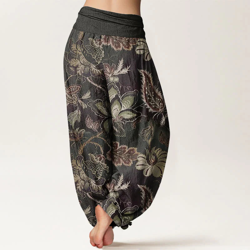 Buddha Stones Cotton Casual Floral Leaves Women's Elastic Waist Harem Pants