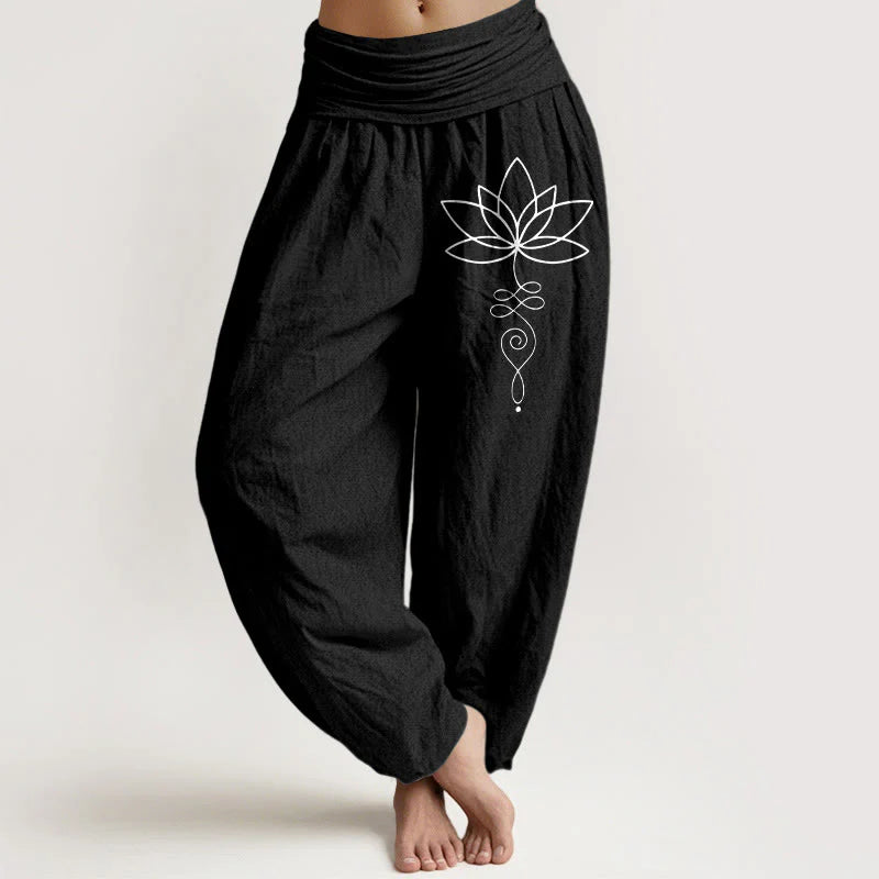 Buddha Stones Lotus Unalome Symbol Pattern Women's Elastic Waist Harem Pure Cotton Pants