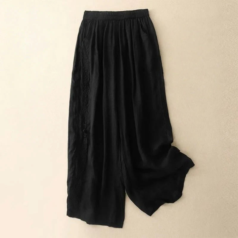 Buddha Stones Side Embroidery Design Women's 7-8 Length Wide Leg Pants With Pockets