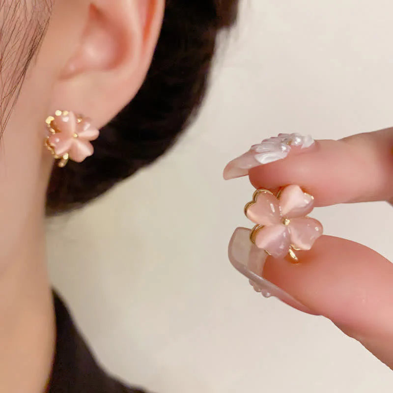 Buddha Stones Rotatable Design Four-Leaf Flower Pink Cat's Eye Support Stud Earrings