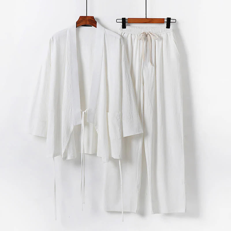 Buddha Stones 2Pcs Lace-up Cotton Kimono Pants With Pockets Men's Meditation Cloth Set