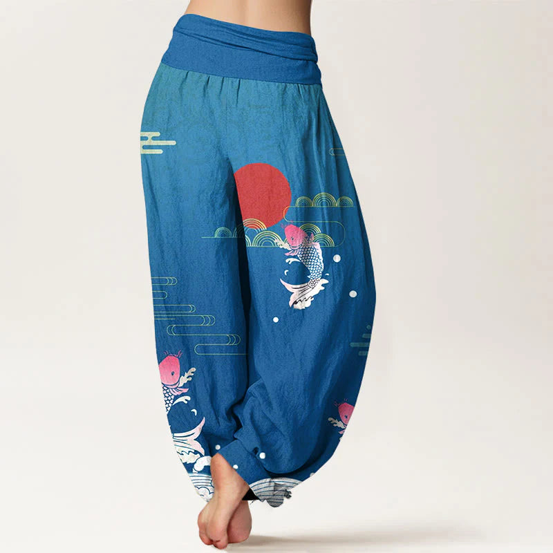 Buddha Stones Koi Fish Red Sun Waves Clouds Pattern Women's Elastic Waist Harem Pure Cotton Pants