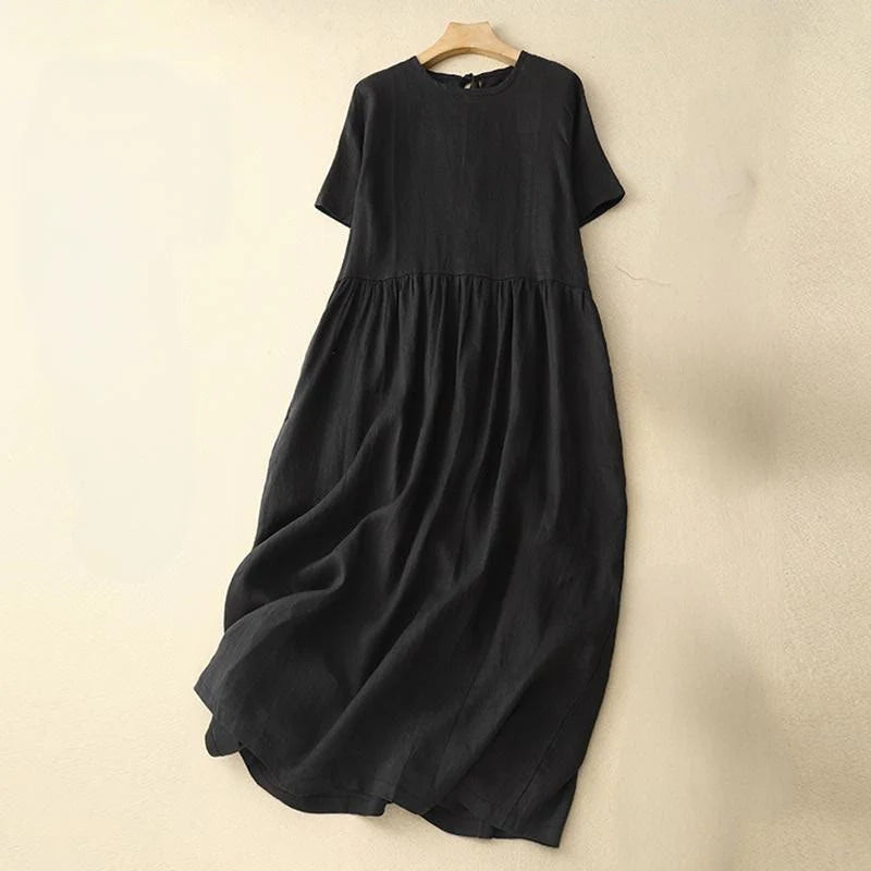 Buddha Stones Casual Short Sleeve Bowknot Tie Straps Women's Midi Dress With Pockets