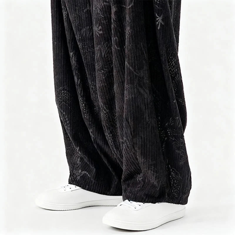 Buddha Stones Winter Dragon Phoenix Pattern Cotton Corduroy Men's Harem Pants With Pockets