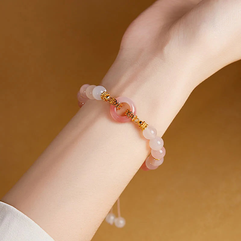 Buddha Stones 925 Sterling Silver Red Agate White Chalcedony Peace Buckle Confidence Bracelet