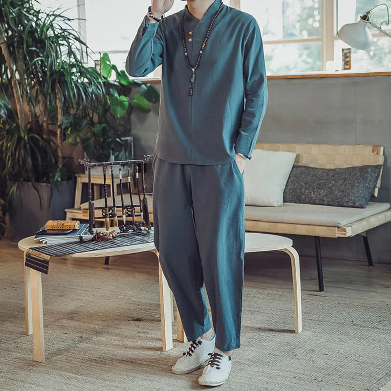 Buddha Stones 2Pcs Shirt Ankle-Length Pants With Pockets Men's Meditation Cloth Set