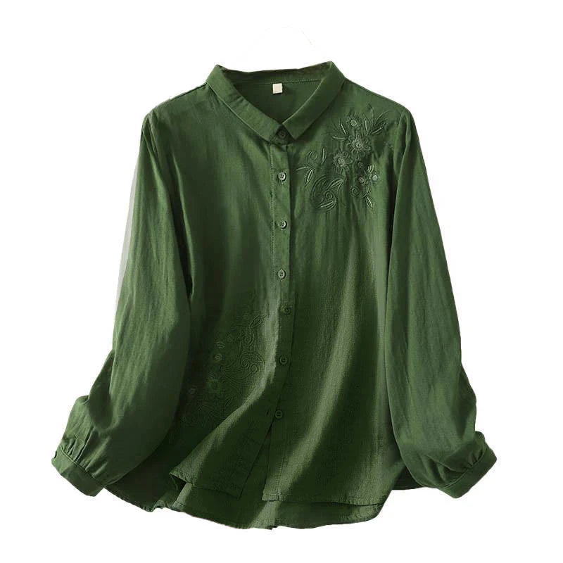 Buddha Stones Embroidered Flower Vine Pattern Long Sleeve Women's Lapel Shirt