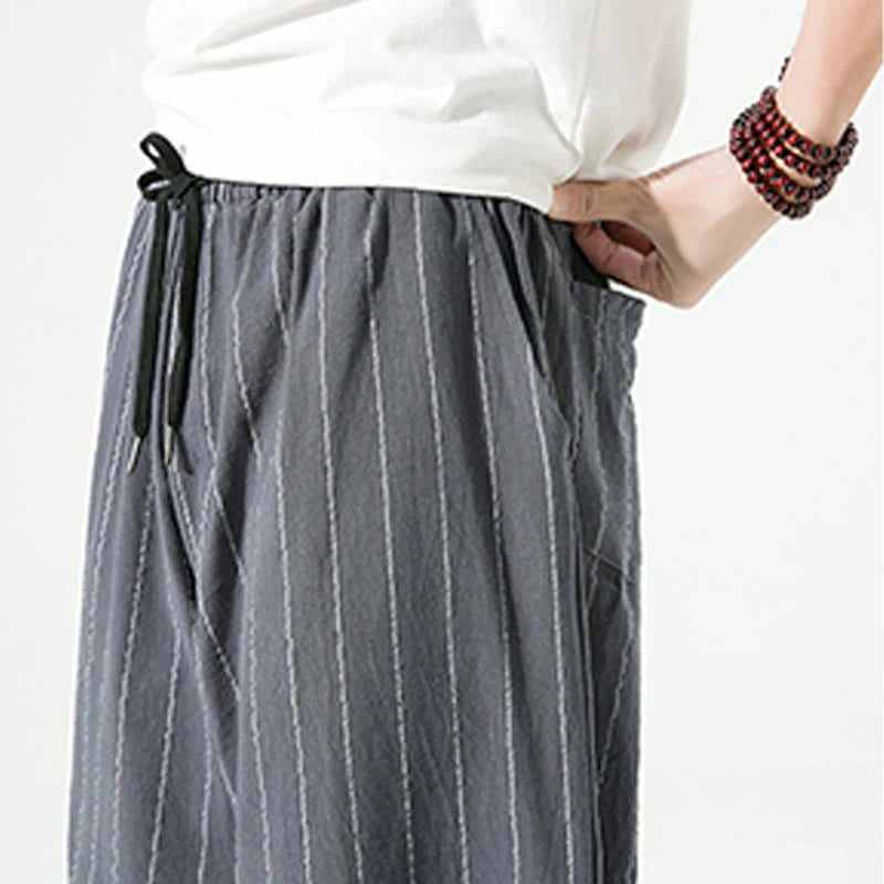 Buddha Stones Casual Plain Stripes Pattern Drawstring Men's 7-8 Length Cotton Linen Harem Pants With Pockets