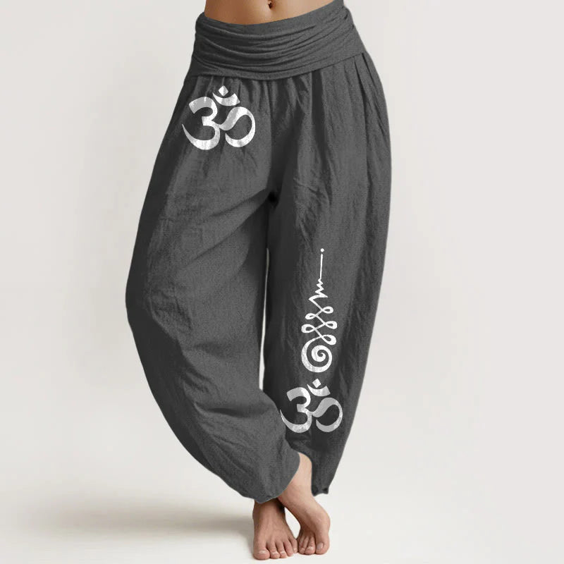 Buddha Stones Cotton Calm OM Energy Lines Pattern Women's Elastic Waist Harem Pants
