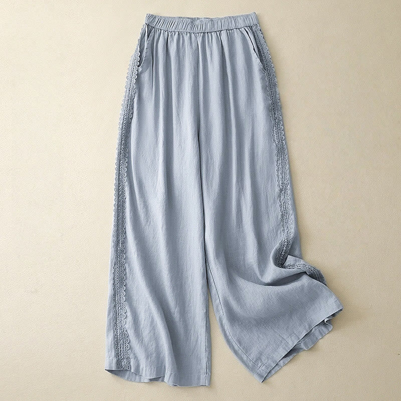 Buddha Stones Plain Color Lace Stitching Cotton Linen Women's Wide Leg Pants With Pockets