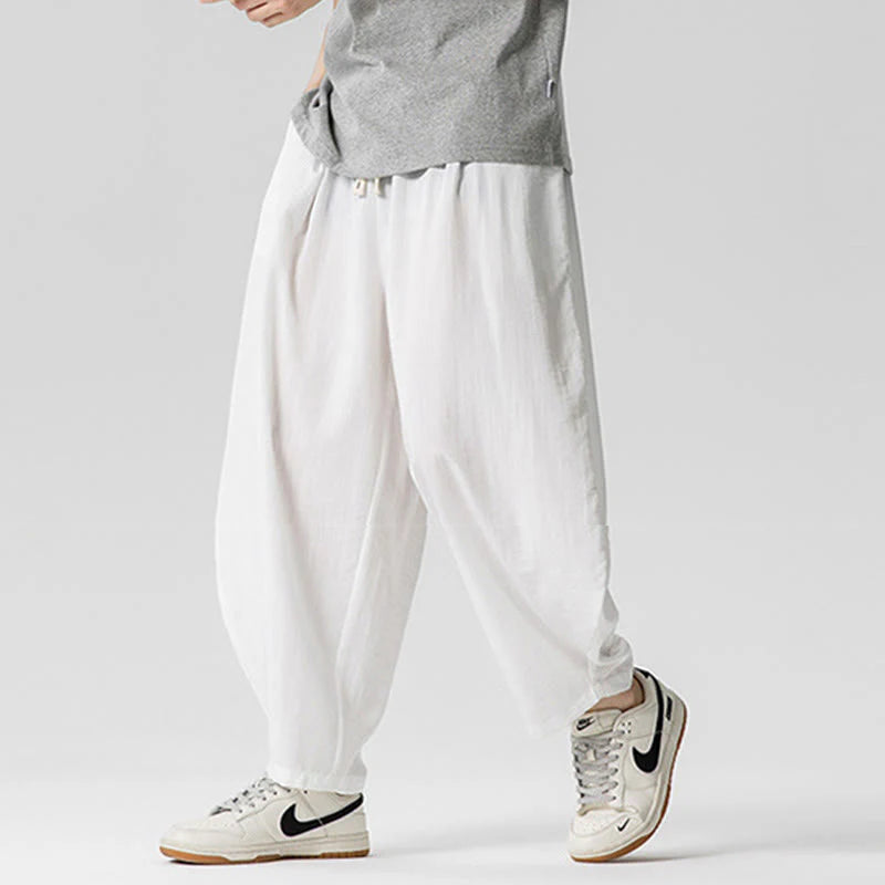 Buddha Stones Summer Pure Color Drawstring Men's Cotton Ankle-Length Pants With Pockets