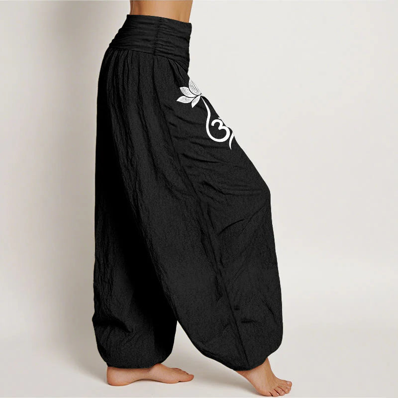 Buddha Stones Cotton Lotus Flower Om Pattern Women's Elastic Waist Harem Pants