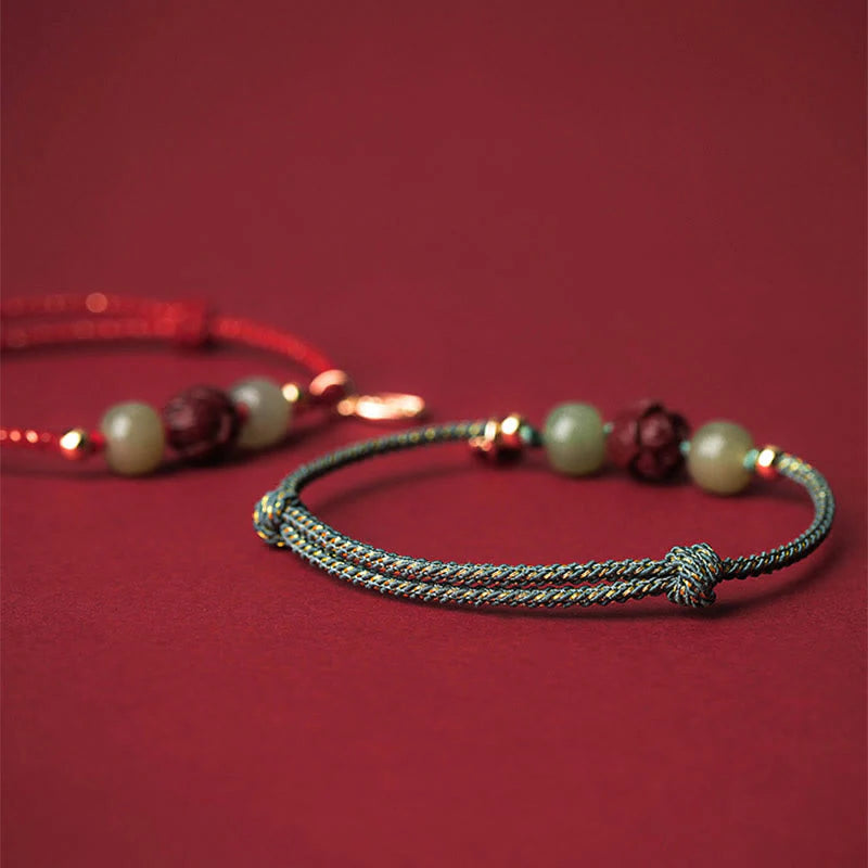 Buddha Stones 14K Gold Plated Hetian Jade Cinnabar Lotus Luck Handcrafted Rope Bracelet