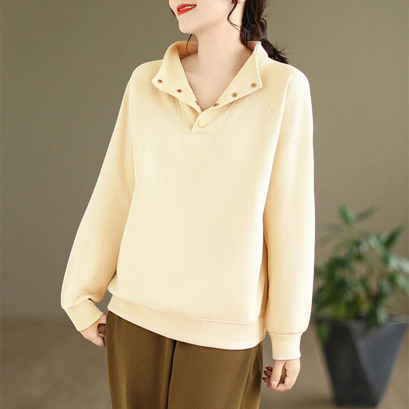 Buddha Stones Fall Solid Stand Collar Buttons Design Long Sleeve Women's Cotton Sweatshirt