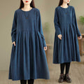 Buddha Stones Fall Plain DarkBlue Long Sleeve Corduroy Midi Dress With Pockets