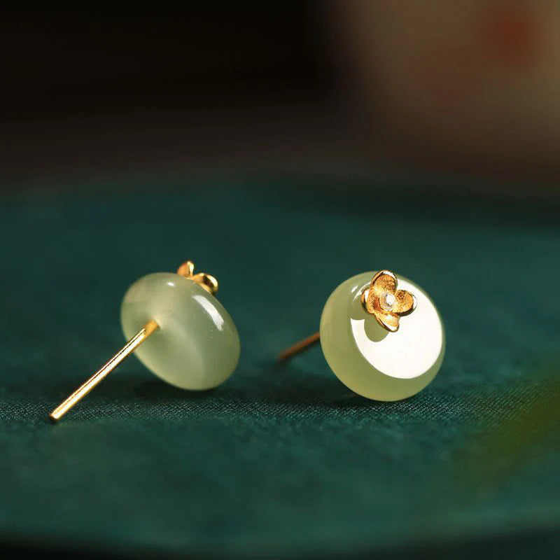 Buddha Stones Cyan Jade 925 Sterling Silver Flower Harmony Earrings