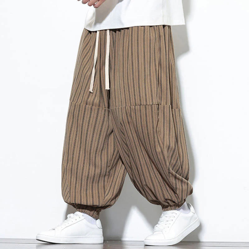 Buddha Stones Fall Striped Pattern Drawstring Men's Harem Corduroy Pants With Pockets