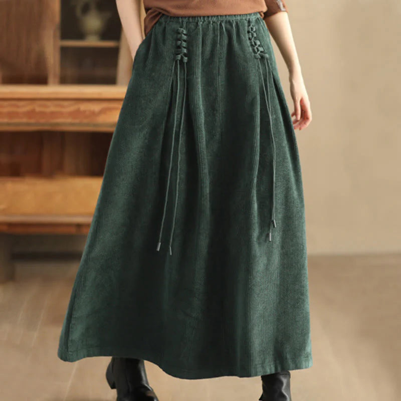 Buddha Stones Women's Plain Corduroy 7-8 Length Skirt With Pockets