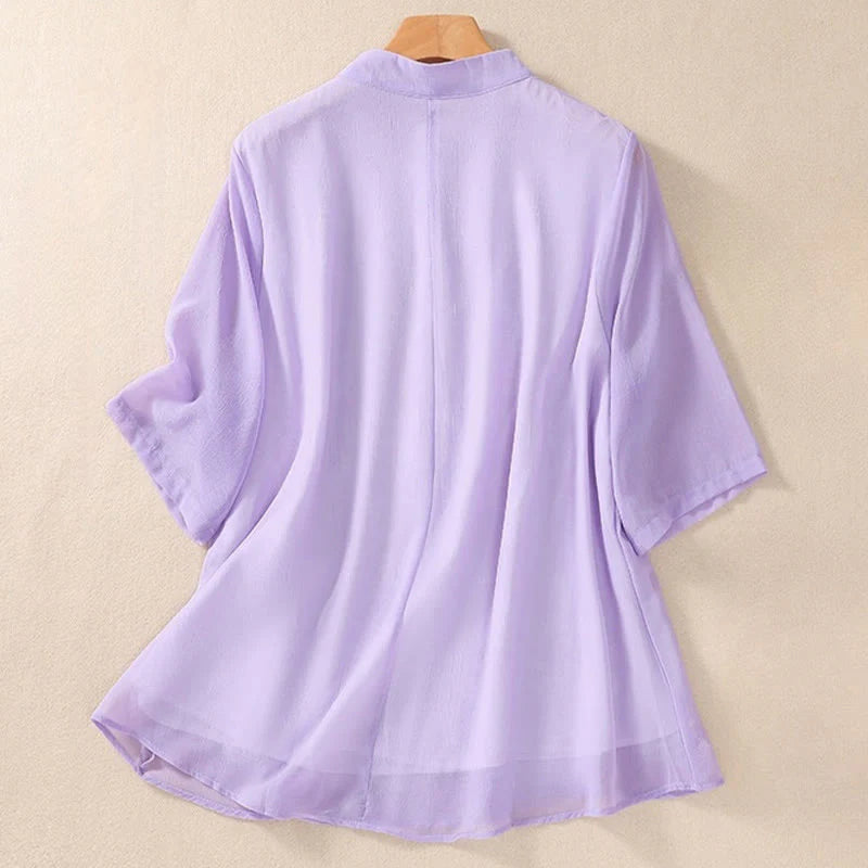 Buddha Stones Embroidery Plants Flower Half Sleeve Plain Frog-Button Stand Collar Women's Shirt