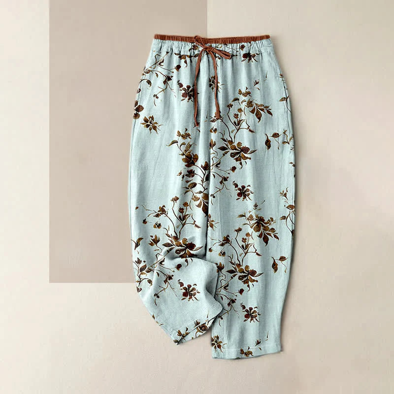 Buddha Stones Pure Cotton Retro Branch Flowers Pattern Elastic Waist Women's Pants With Pockets