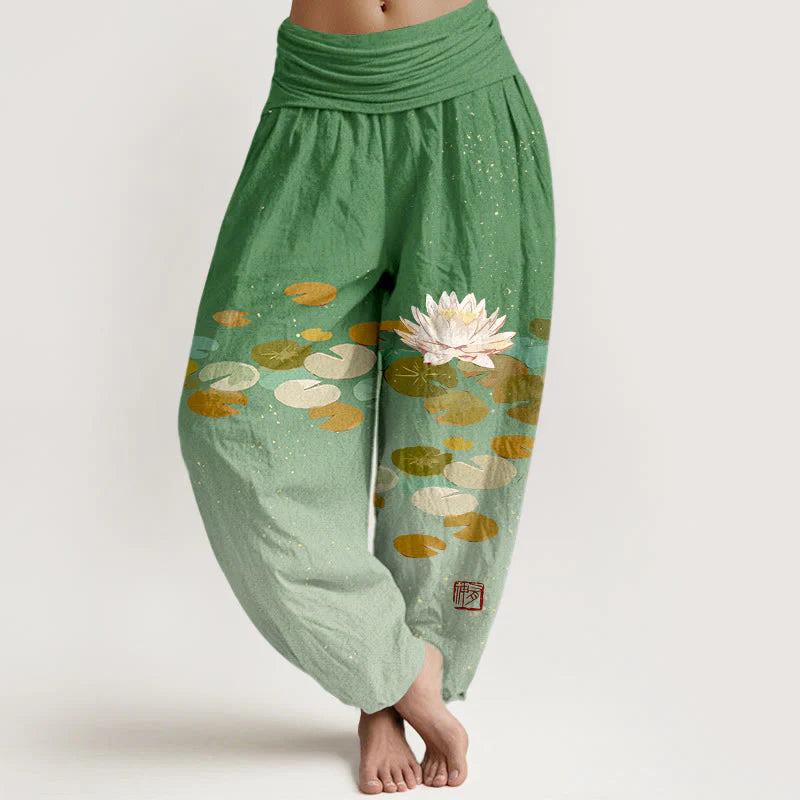 Buddha Stones Printed White Lotus Leaves Pattern Women's Elastic Waist Harem Pure Cotton Pants