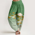 Buddha Stones Printed White Lotus Leaves Pattern Women's Elastic Waist Harem Pure Cotton Pants