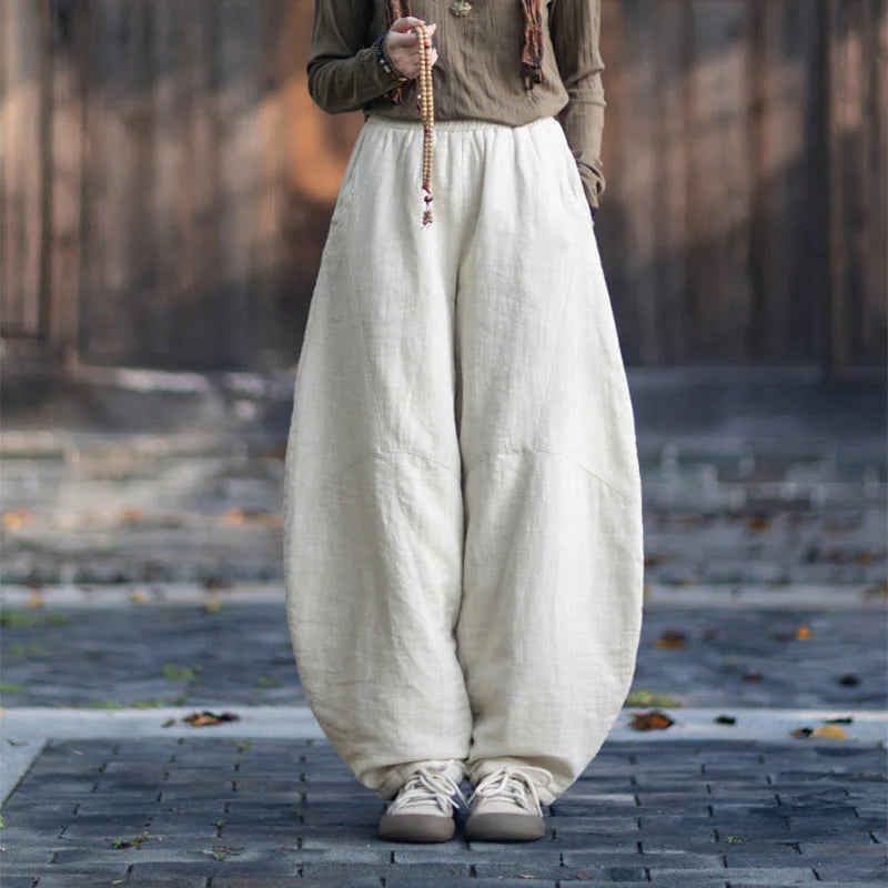 Buddha Stones Winter Elastic Waist Ramie Cotton Thermal Women's Pants With Pockets