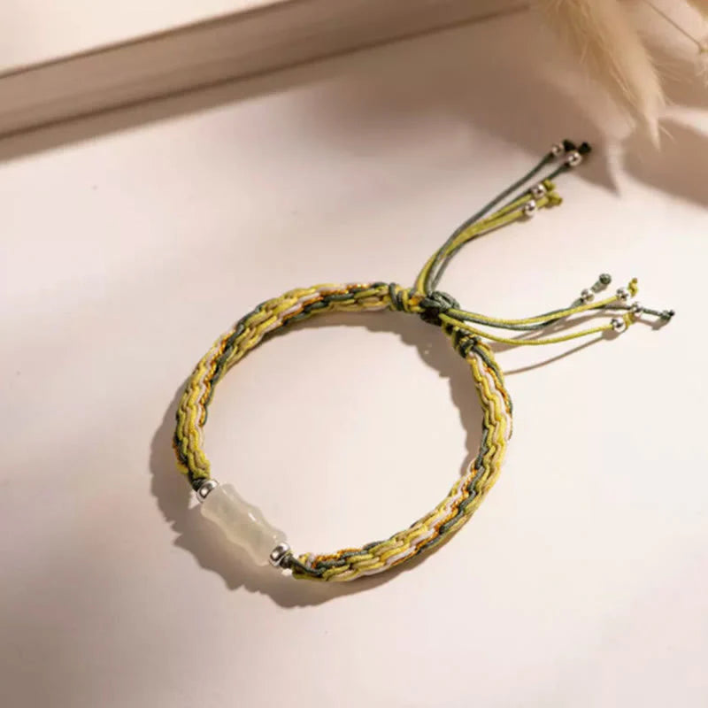 Buddha Stones White Jade Bamboo Reincarnation Knot Wealth Luck Strength String Bracelet
