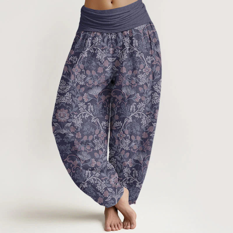 Buddha Stones Cotton Casual Flower Vine Leaves Pattern Women's Elastic Waist Harem Pants