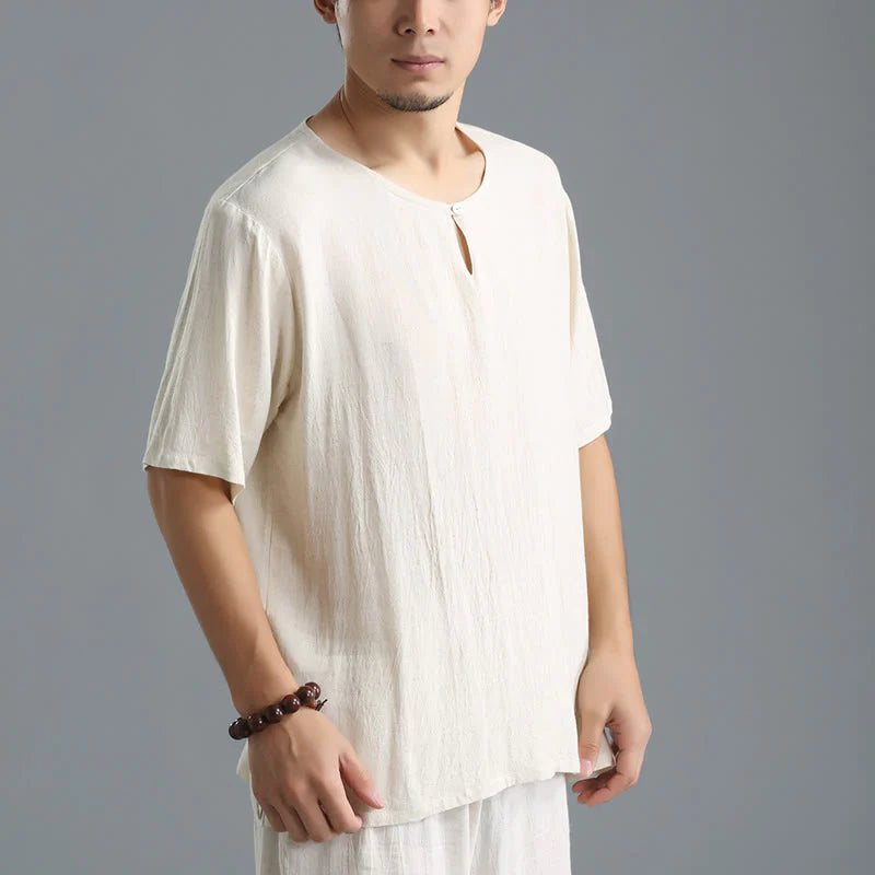 Buddha Stones Men's Solid Color Round Neck Short Sleeve CottonÂ Linen Shirt