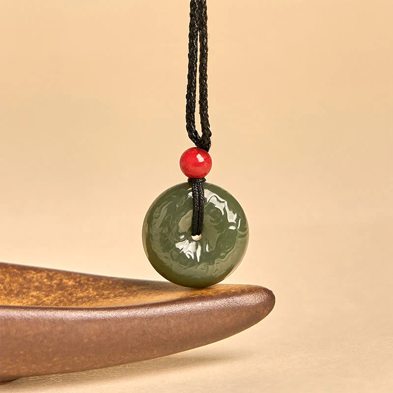Buddha Stones Peace Buckle Auspicious Clouds Cyan Jade Necklace Luck Pendant