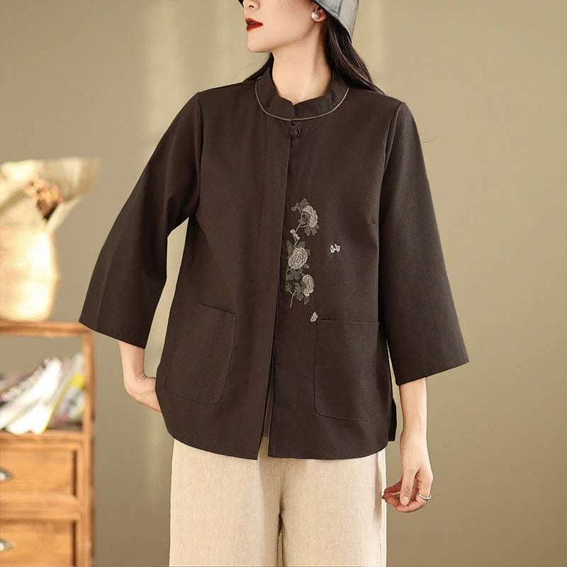 Buddha Stones Commute Embroidery Floral Pattern Three Quarter Sleeve Women's Cotton Shirt With Pockets