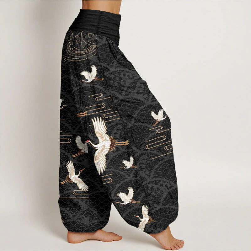Buddha Stones Print Cranes Wave Pattern Women's Elastic Waist Harem Pure Cotton Pants