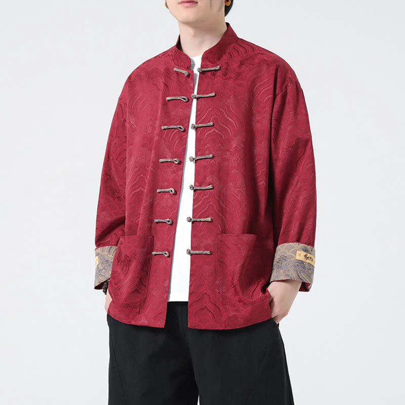 Buddha Stones Frog-Button Mountain Wave Pattern Long Sleeve Men's Cotton Jacket With Pockets