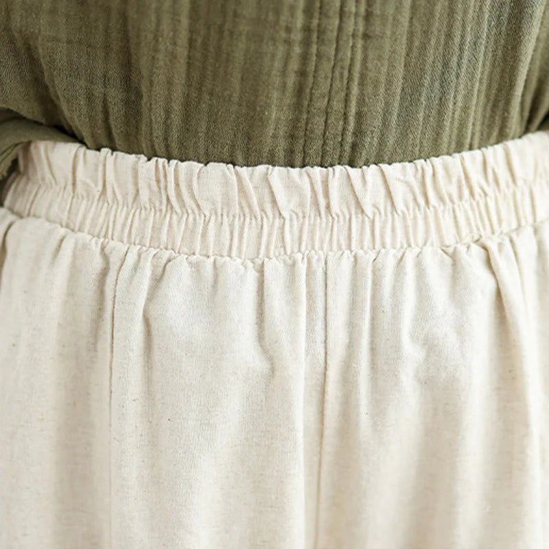 Buddha Stones Casual Plain Lace Splicing Cotton Linen Women's Cropped Wide Leg Pants With Pockets